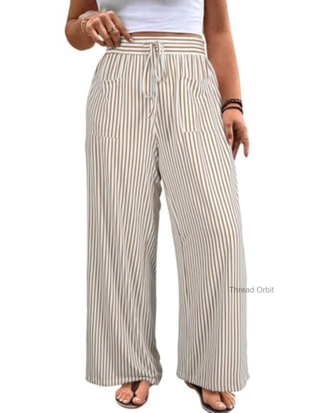 Plus Size Wide Leg Pants High Waist Striped Palazzo Lounge Trouser Pockets